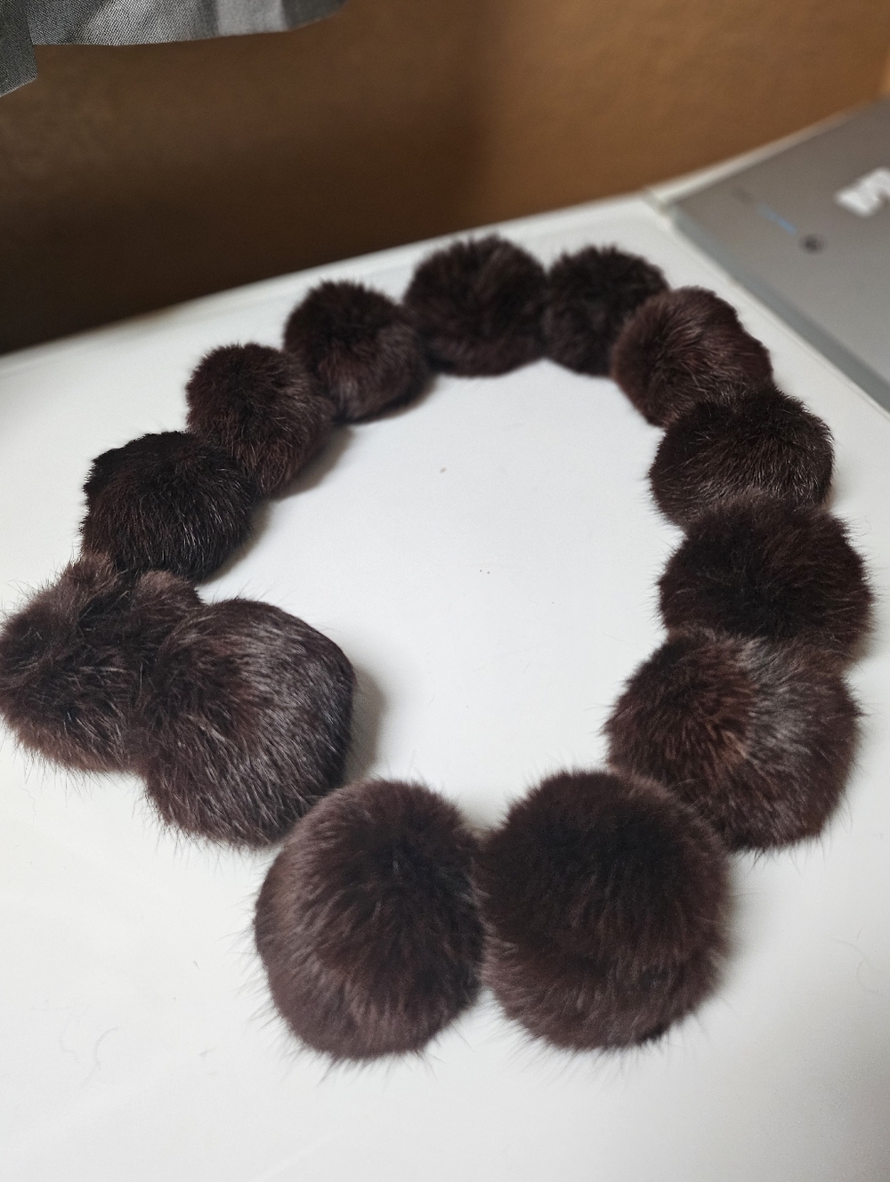Vintage Rabbit Fur 3" Fur Ball Collar Scarf Rich Shiny Brown 36"